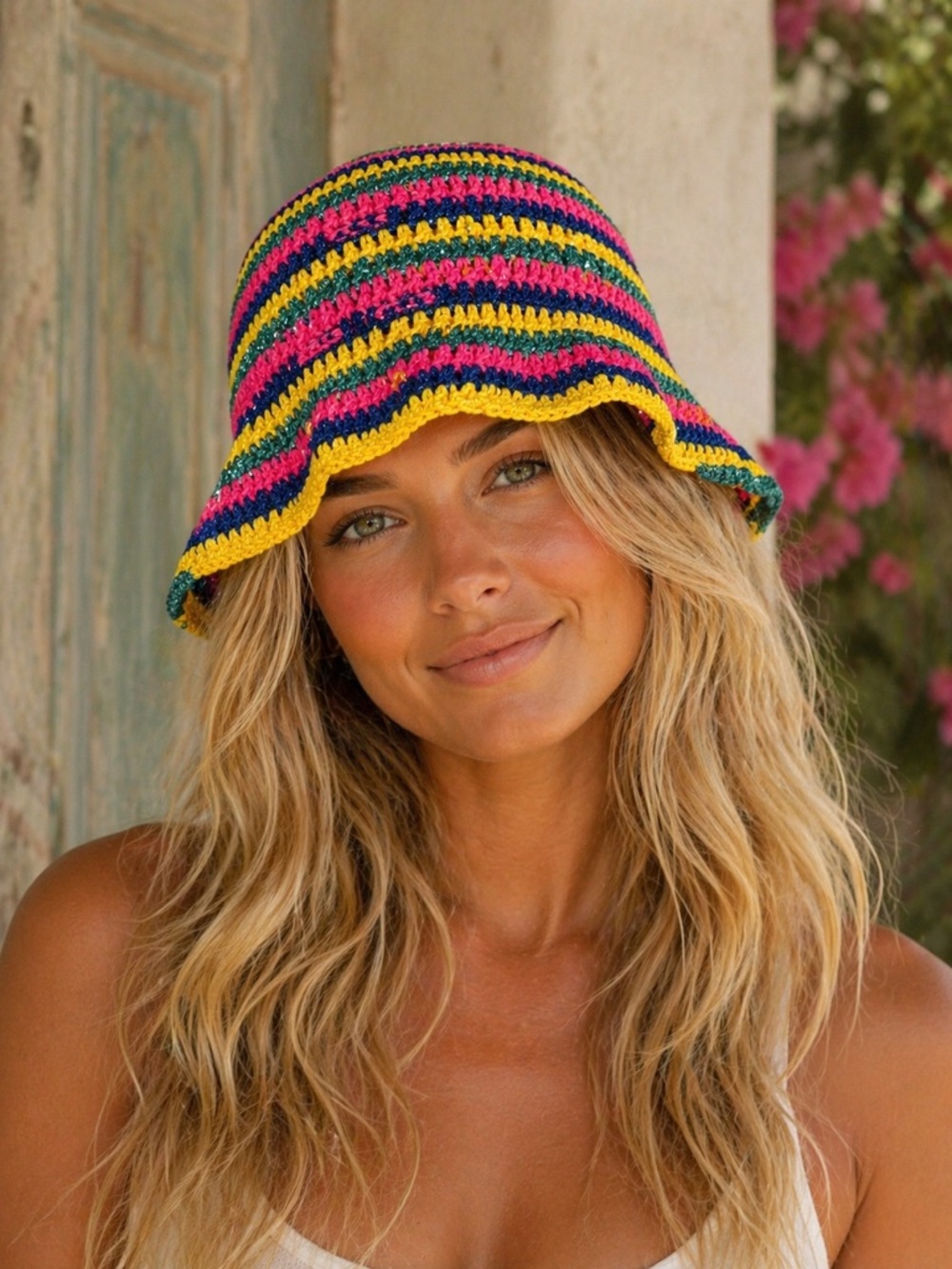 Rose Camine NWT multi coloured striped Crochet  Summer Bucket Hat